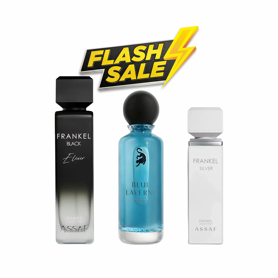 فلاش 3 عطور (FRANKEL SILVER 100ML + Blue Laverne Sport 150ML + Frankel Black Elixir 200ML)