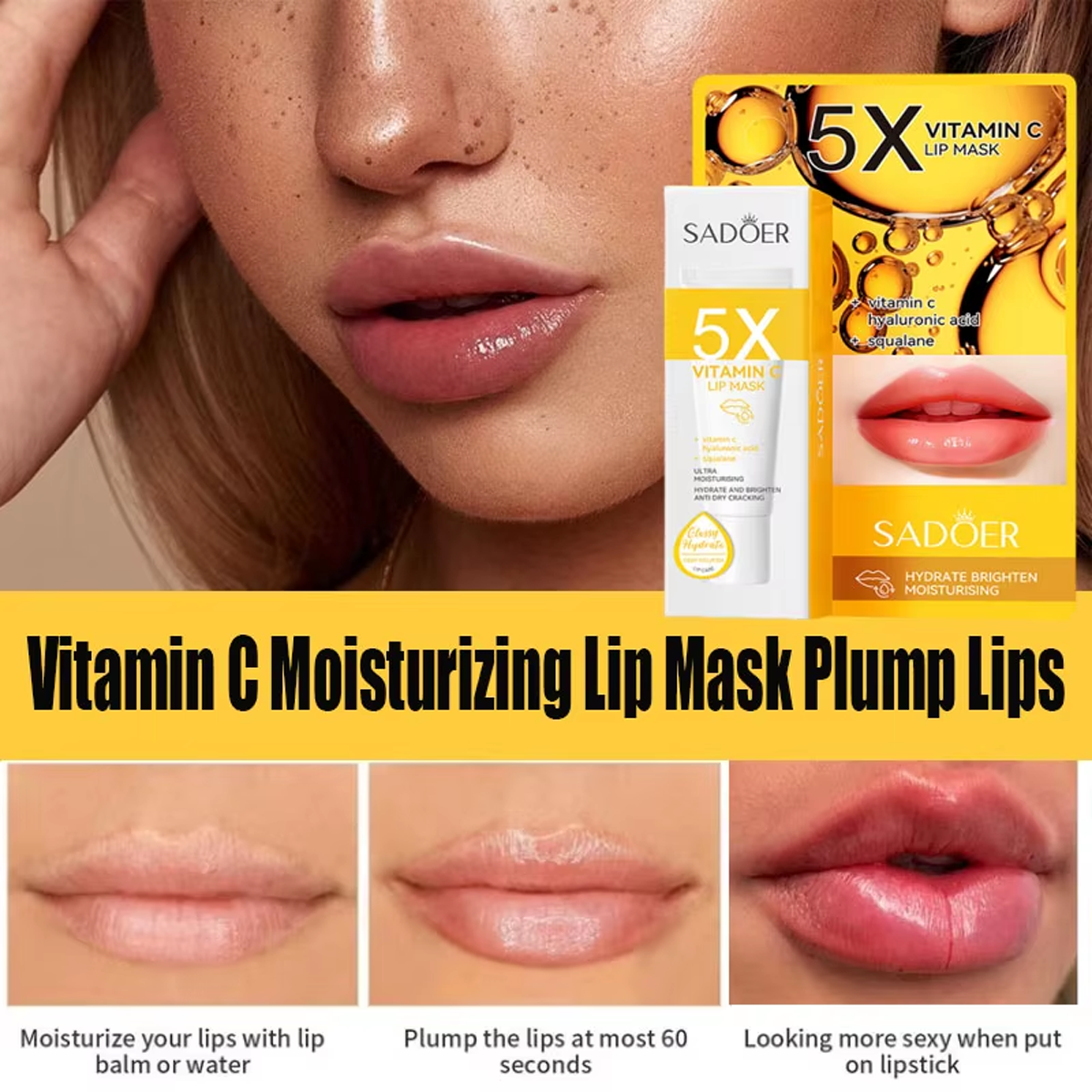 SADOER 5X Niacinamide Pink Lip Mask Ceramide Vitamin C قناع الشفاه الأصفر بفيتامين C مرطب ومضاد للتقشير والجفاف